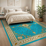 Ornate Teal Persian Area Rug with Gold Floral Motifs