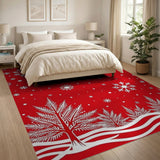 Festive Red Snowflake Pine Tree Area Rug