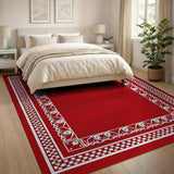 Red Ornate Border Area Rug with White Intricate Motifs