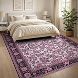 ODIKA Pink Floral Washable Rug - Vintage Traditional Low Pile Non-Slip Area Rug