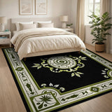 Elegant Black Persian Rug with Green Floral Medallion