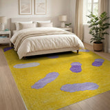Vibrant Yellow Shag Rug with Purple Abstract Shapes