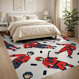 Washable Ice Hockey Sports Area Rug - Red & Navy Low Pile Playroom Mat