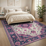 Pink Floral Persian Area Rug in Navy Border