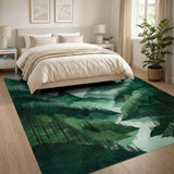 Washable Watercolor Green Mountain Forest Area Rug - Low Pile, Non-Slip & Pet Friendly