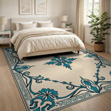 Teal Ornate Floral Border Cream Area Rug