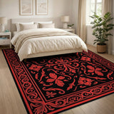 Ornate Red Floral Black Area Rug