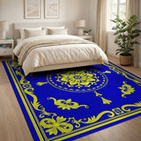 Royal Blue Gold Ornate Floral Medallion Rug