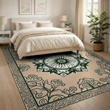 Beige Mandala Persian Area Rug with Green Floral Border