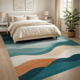 ODIKA Washable Abstract Coastal Wavy Area Rug - Modern Teal & Terracotta Low Pile Non-Slip Rug