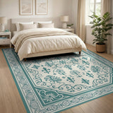 Teal Fleur-de-Lis Ornate Border Area Rug