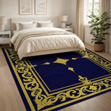 Navy Blue Ornate Gold Filigree Border Area Rug