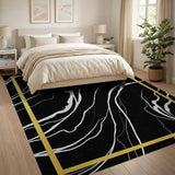 Black White Marble Abstract Area Rug with Gold Frame