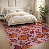 Whimsical Orange Pumpkin Leaf Pink Area Rug