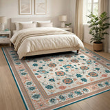 Teal Floral Vintage Washable Area Rug