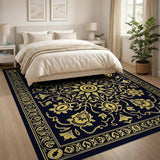 Gold Intricate Persian Floral Area Rug on Black