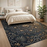 Ornate Grey Gold Lotus Mandala Rug