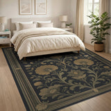 Vintage Gold Floral Area Rug on Black