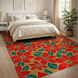 Vibrant Red Poinsettia Floral Area Rug