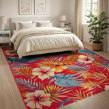 Vibrant Red Hibiscus Palm Leaf Area Rug
