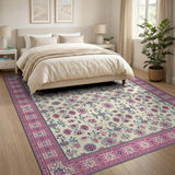 Pink Floral Persian Area Rug with Cream Field