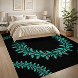 Teal Fern Wreath Area Rug on Black