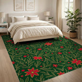 Festive Red Poinsettia Green Leaf Pattern Area Rug