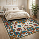 Cream Persian Medallion Rug with Blue Florals Gold Border