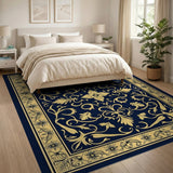 Navy Blue Gold Ornate Floral Area Rug