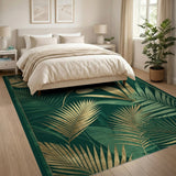 Coastal Beach Emerald Green Gold Palm Leaf Area Rug