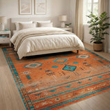 ODIKA Washable Southwestern Tribal Rug - Terracotta Geometric Low Pile Non-Slip Area Rug