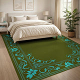 Ornate Teal Floral Border Olive Green Area Rug