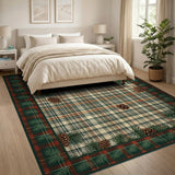 Festive Plaid Area Rug with Pinecones Evergreens