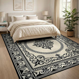Ornate Black White Floral Medallion Rug