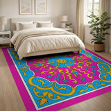 Vibrant Pink Persian Area Rug with Blue Gold Motifs