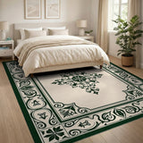 Beige and Neutral Ornate Green Floral Frame Area Rug