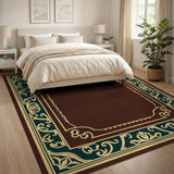 Ornate Teal Gold Border Brown Area Rug