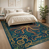 ODIKA Octopus Nautical Art Nouveau Washable Area Rug - Low Pile Non-Slip Teal & Gold