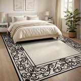Beige and Neutral Ornate Floral Scrollwork Beige Area Rug