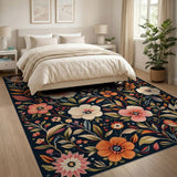 Multi-color and Patterns Navy Floral Area Rug with Pink Orange Blooms