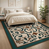 Teal Ornate Floral Scroll Area Rug