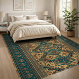 Teal Heritage Tribal Area Rug with Geometric Motifs