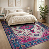 Vibrant Multi-Color Persian Area Rug with Pink Medallion