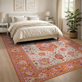 ODIKA Washable Oriental Area Rug - Orange & Pink Floral Medallion, Low Pile Non-Slip Pet Friendly Rug
