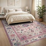 Ivory Persian Floral Area Rug with Pink Teal Blooms