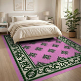 Pink Fleur-de-Lis Damask Rug with Ornate Green Border