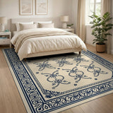 Navy Blue Ornate Persian Area Rug Cream Field