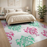 Teal Pink Damask Floral Area Rug