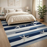 Washable Coastal Starfish Striped Navy Blue Low Pile Area Rug