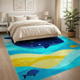 Blue and Teal Playful Navy Whale Ocean Kids Area Rug